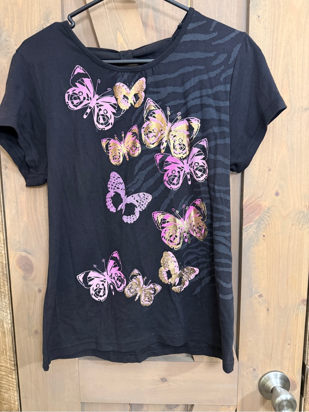 total girl Black Tee with Pink and Gold Butterfly Print